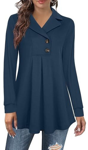 Datuhao Tunique à manches longues pour femme - Élégant - Pull long décontracté - Sweat-shirt à col revers - Pull avec boutons, bleu foncé, XL