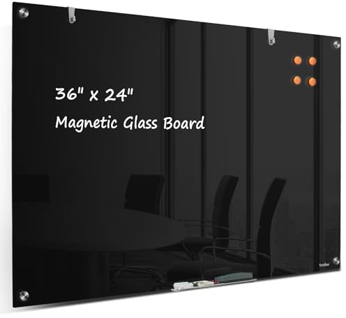 Dry Erase Board Black Magnetic Glass Whiteboard, TANKEE Modern Large Frameless Tempered Glass White Board for Wall, Office, School, Home, 36” x 24”, 3' x 2' White Board