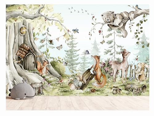 Waldtiere Fototapete - Tierfreunde im Wald - Foto Vliestapete Motiv Kinder Kinderzimmer Tapeten Tierfreunde im Wald, Vliestapete, FZL23