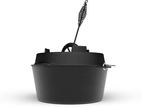 ELITE BBQ Dutch Oven ohne Füße in 6.0 qt mit 5,6 Liter mit Kochbuch, der Brotbacktopf Gusseisen als Outdoor Topf zum Outdoor kochen, der Ditchofen Gußtopf mit Dutch Oven Deckelheber, One Pot Topf