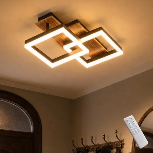 Meloweel LED Deckenlampe Holz dimmbar, Drehbar 350°, Massivholz Schwarz Vintage Deckenleuchte, 28W 40cm 2800lm 3000K-6000K mit Fernbedienung Schlafzimmerlampe, Memory-Funktion, 3W Nachtlicht