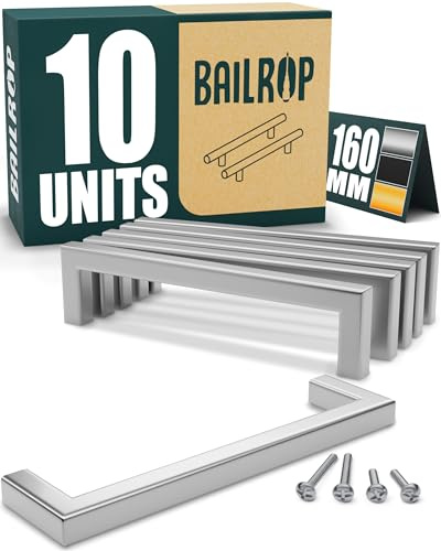 BAILROP Tiradores Cocina Plateados 160MM (10 Unidades) - Tiradores Armarios Cuadrados - Manillas Rectangulares para puertas de armarios y muebles de cocina.