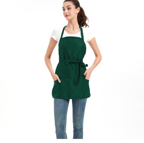 Syzornk Short Aprons for Women with 3 Pockets，Waterproof Red Chef Apron for Cooking, Men Kitchen Apron for Grilling Bbq