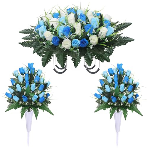 Lodou Artificial Cemetery Flower Saddles for Graves, Cemetery Memorial Flowers with Vase and 2 Memorial Bouquets for Grave Tombstone,Outdoor Grave Saddle Headstone Decorations (Blue White)