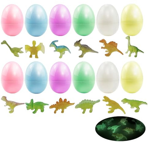 ONEINHE 12 Pcs 2.36 Easter Eggs Prefilled with 12Pcs Glow in The Dark Dinosaur, Plastic Macaron Easter Egg for Easter Egg Hunt, Basket Stuffers, Easter Party Favor, Classroom Prize Supplies