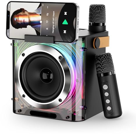 PKBD Máquina de karaoke portátil con 2 micrófonos inalámbricos, Altavoz con Microfono, color negro