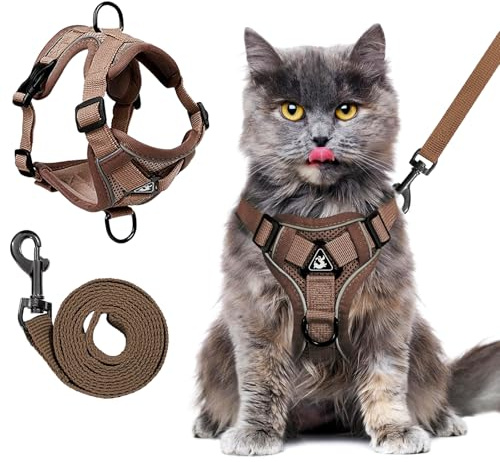 lomdung Arnes para Gatos Antiescape con Correa, Arnés Gato Pequeño Ajustable Suave, Cat Harness para Gatos de Malla Transpirable con Rayas Reflectantes, para Gato, Perros Pequeños(Café,S)