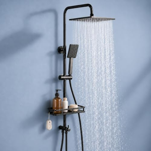 Auralum Adjustable Shower Riser Rail Kit with No Drill Shelf,10 Large Rainfall Shower Head,Square Handheld Shower with Rotating Bracket, Black Shower Set Easy DIY Install Fits UK Bathrooms