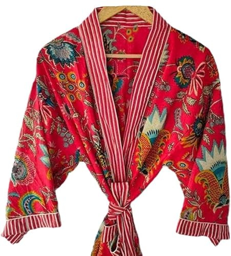 KANNOPREET CLOTHING Cotton Hand Block Print Kimono Robe, Bath and Swim Cover Up, One Size US Regular Dressing Gown, Nightwear