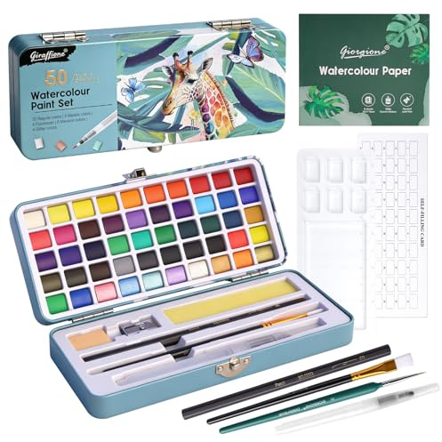Connextion Set de Peinture Aquarelle 50 Couleurs Boîte d'Aquarelle de Voyage Portable avec Pinceaux, Mini Palette et Papier Aquarelle, Pour Débutants et Amateurs
