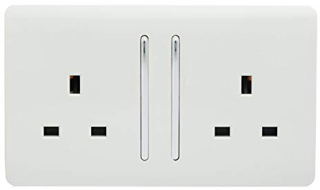 Trendi 2 Gang Raised Artistic Modern Glossy Screwless 13 Amp Single Pole with Chrome Switched UK Standard Electrical Double Wall Plug Socket in Ice White - ART-SKT213LWH