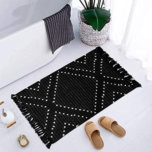 LIVEBOX Boho Black Bathroom Rug 2x3 Bath Mat, Washable Cotton Woven Throw Rugs, Small Accent Rug for Front Door Outdoor Entryway, Kitchen (2'x3', Black)