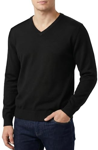 Castle Point Men's Cotton V-Neck Jumper Knitted, Black - V Neck, M