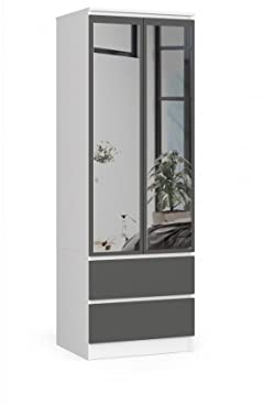 BDW Kleiderschrank mit Spiegel 2 Türen 2 Schubladen für Schlafzimmer Wohnzimmer Diele 180x60x51 (Weiß-Grau)