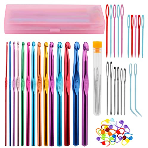 Wamkon Kit de 53 crochets au crochet Ensemble d'accessoires au crochet avec 14 tailles de crochets ergonomiques, y compris des aiguilles à laine Aiguilles émoussées Marqueurs de point pour tricot et