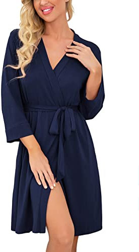 PrinStory Peignoir léger à manches 3/4 pour femme - Robe de chambre kimono - Vêtement de nuit court, bleu foncé, M