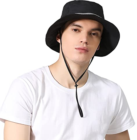 Huakunda Herren Wasserdichter Bucket Hut Schnell Trocknend UV Schutz Faltbar Regenhut Sonnenhüte Wandern Reisen Angeln (Schwarz)