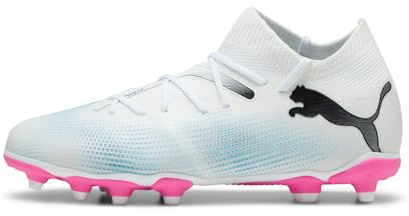 Puma Unisex Youth Future 7 Match Fg/Ag Jr Soccer Shoes, Puma White-Puma Black-Poison Pink, 28 EU