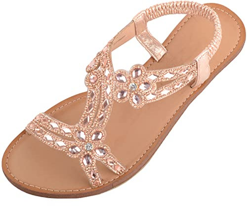 ABSOLUTE FOOTWEAR Womens Sparkly Diamante Summer Holiday Beach Elasticated Strap Sandals - Rose Gold - UK 7 / EU 40