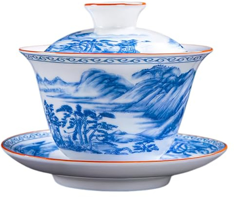 NIUKOMY Gaiwan 200ML, Taza de Té Chino Tradicional, Vintage Kung Fu Taza de Té Porcelana, Clásica Tazón de Té de Cerámica con Platillo y Tapa, Pintura de Paisaje Azul