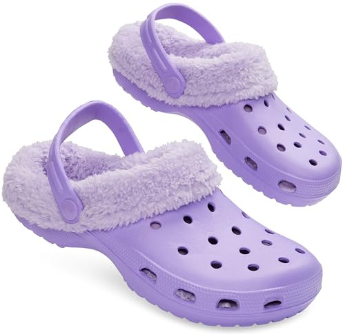 CityComfort Clogs Women Teens Winter Classic Fleece Lined House Shoes - Warm Garden Shoes Slip On with Strap (Purple, 2 UK)