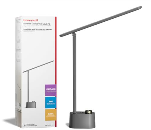 Honeywell Upgraded LED Desk Lamp - H01 Pro Sunturalux™ Foldable Desk Light with USB A+C Charging Port, 3 Color Modes Dimmable Table Lamp for Home Office Reading Grey