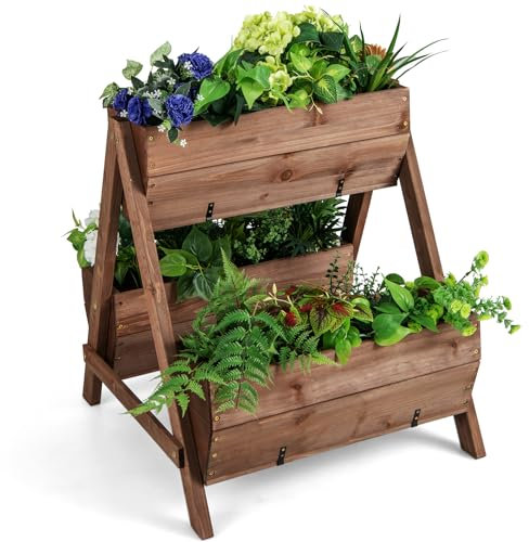 GYMAX Fioriera Verticale con 3 Cassette per Piante, Aiuola di Fiori in Legno di Abete con 2 Fori di Drenaggio e Struttura a Forma di A, Cassette per Piante per Verdure, Piante e Fiori