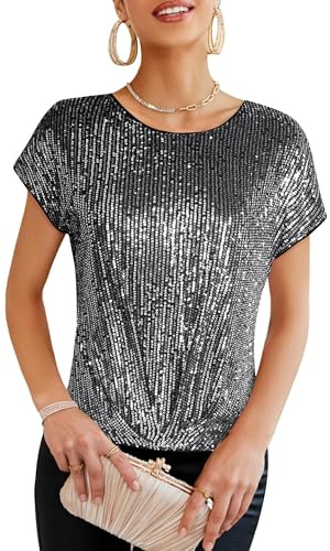 GRACE KARIN Mujer Top De Fiesta con Lentejuelas Manga Corta Cuello Redondo Espalda con Abertura