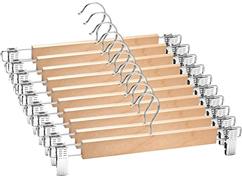 TOBEOME Paquete de 10 Perchas de Madera para Falda con Clips Ajustables Percha Antideslizante para Pantalones Perchas de Madera de con Acabado Natural 360 °