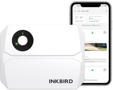 Inkbird IIC-400 Centralina Irrigazione WiFi 4 Zone,Programmatore Irrigazione Automatica WiFi per Giardino,APP Controllo,Memoria Non Volatile Integrata,Regolazione Stagionale,Supporto Modalità Manuale
