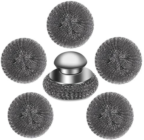 Kznifmk Lot de 6 Éponges à Récurer en Laine d'acier avec Poignée, en Acier Inoxydable pour Cuisine, Gril, Cuisinières - Comprend 1 Éponge à Récurer et 5 Tampons