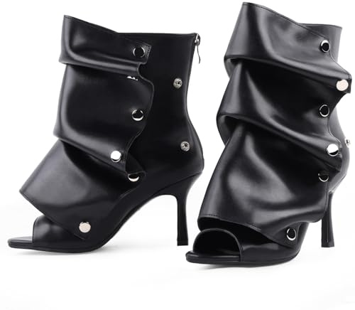 FancyQueen Open Toe Ankle Boots, Black Stiletto High Heels Slouchy Summer Boots Fold Over Slouch Shark Peep Toe Booties for Office Party, Snap-off Panel, Pointed Toe