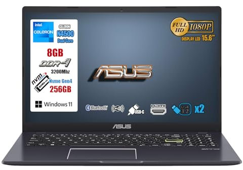 ASUS PC Portatile 15.6 FullHD – Notebook Cpu Intel N4500, 8GB RAM, SSD 256GB, Windows 11, HDMI, USB Type-C, Mouse WIFI Incluso – Computer Portatile, Laptop Perfetto per Studio, Lavoro e Casa, GAR 3Y