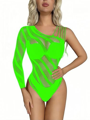 ROSVAJFY Body Resille avec Manches Longues à Une Épaule Body Femme Sexy Chic Club Fishnet Une Pièce Tenue Sexy Excellente Élasticité Fishnet Teddy Lingerie Mesh Bodysuit (Vert pomme, Taille unique)