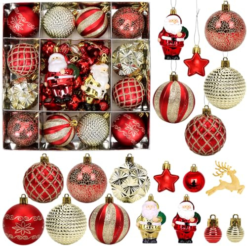 Palline di Natale Rosso Oro, 44pcs Decorazioni Natalizie Albero Palline Natalizie Plastica Rosso Oro, Ornamenti Natalizi per Addobbi Albero di Natale