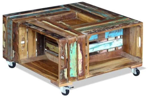 Bucmath Soffbord gammalt trä massivt 70 x 70 x 35 cm, handgjort, återvunnet trä, med 4 hjul, vardagsrumsbord i antik stil
