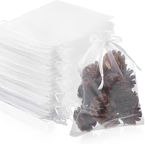 YAZWUR 100 sacchetti in organza, sacchetto regalo per gioielli, sacchetti trasparenti per confezioni, sacchetti confetti, favore matrimonio, per Natale, compleanno, festa (10 x 12 cm) (bianco)