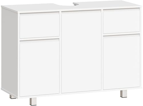 BEWISHOME Mueble Bajo Lavabo de Baño con Pies, Armario de Baño, Mueble Bajo Fregadero, 2 Cajones, 3 Puertas, Gran Capacidad de Almacenamiento, 90 x 30 x 62,5 cm, Blanco, EYSG01W