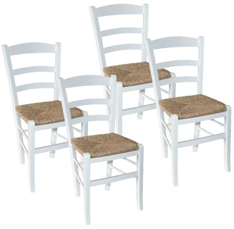 MA MAISON Set 4PZ Sedie in Legno con Seduta in Paglia - Ampia, Compatta, Schienale Alto, Robusta, Paesana, Rustica, per Cucina, Agriturismo, Ristorante, Soggiorno - 42X40X87H CM (BIANCO)
