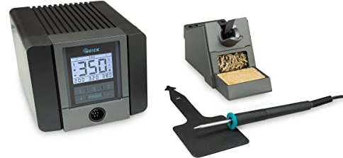 Quick TS1200 - Stazione saldante digitale regolabile ESD 120 Watt con saldatore con cartuccia Rapid da 1 mm e accessori SMD per industria, laboratorio, scuola e hobby in 7 secondi a 350 °C