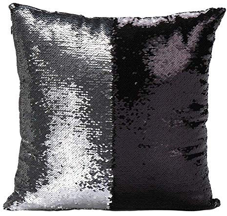 Lazeny 2X Zweifarbig Pailletten Kissenbezug Kissenhuelle Meerjungfrau Glänzenden Sofakissenbezug Kissen Cover Kopfkissenbezug Zierkissenbezüge Sofakissen Cafe Büro Home Decor 40x40cm-Schwarz+Silber