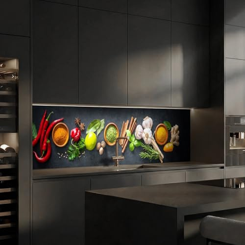 Dedeco Köksvägg motiv: kryddor V2, 5 mm hårdskum plastplatta PVC som stänkskydd kök vägg skydd vattenfast, inkl. UV-lack glänsande, alla underlag, 240 x 60 cm