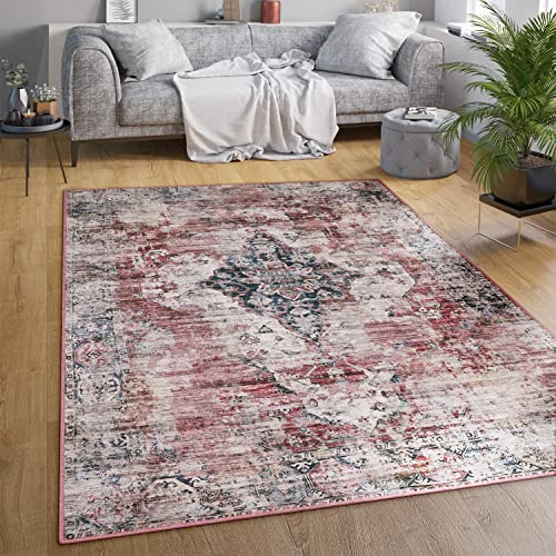 Paco Home Waschbarer Teppich Wohnzimmer Schlafzimmer Vintage Muster Flachgewebe Modern Orientalisch Ornament Pastell, Grösse:140x200 cm, Farbe:Rot