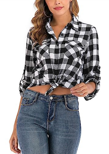 Camisa Cuadros Algodón Mujer Franela Camisa Leñador Blusas Basiccon Botones Camisetas Cuello V Manga Larga Oficina Básico Vintage Western Casual