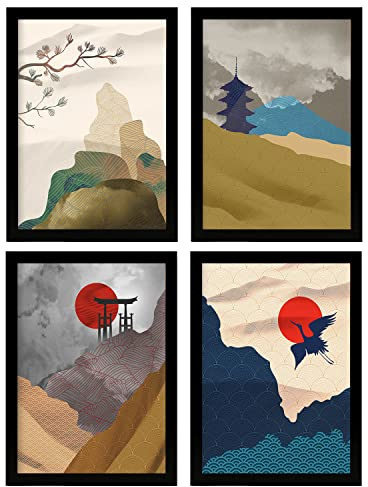 Nacnic Set mit 4 Postern von Japan Harmonie. Blätter und Illustrationen mit orientalischer Ästhetik. Inneneinrichtung und Dekoration. A4 ohne Rahmen.