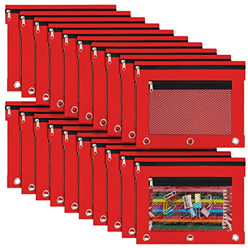 IKAYAS 20 Pack Pencil Pouch for 3 Ring Binder with Zipper, Red