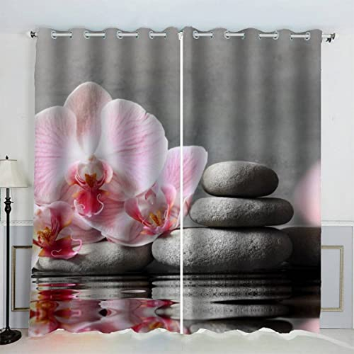AKATIE Zen-sten gardiner ogenomskinliga med öljetter set om 2 barngardiner 3D-tryckta orkidé gardiner modern heminredning (183 x 214 cm)