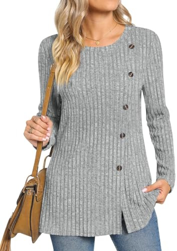 TAOHUADAO Women's Long Sleeve Jumpers Crewneck Tunic Tops with Button Sides Loose Casual Fall Sweater Shirts for Leggings L, Light Grey