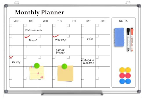 QUEENLINK Pizarra blanca con calendario mensual para pared, marco de aluminio de 40 x 60 cm, pizarra blanca de borrado en seco, pizarra de planificación de mensajes con bandeja para bolígrafos para
