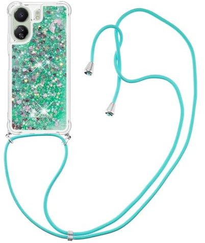 IMIRST Lanyardfodral kompatibelt med Redmi 13C bling flytande glitter silikonskal stötsäkert Kawaii-skydd med sladd halsband fodral för Xiaomi Redmi 13C. LP kärlek grön